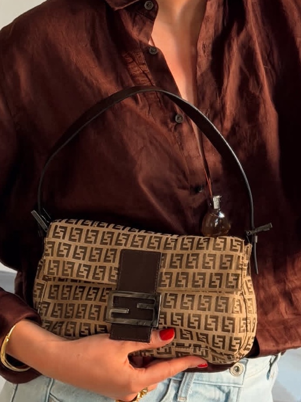 Vintage Fendi Zucchino Print FF Monogram Canvas Leather Baguette Shoulder Bag